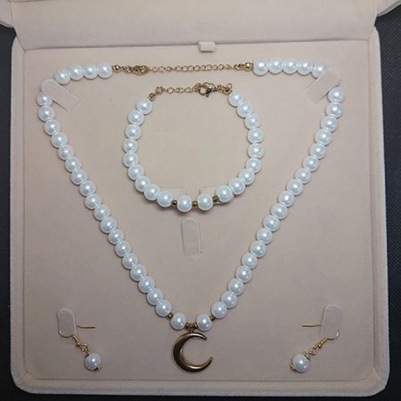 İnci Kolye Bileklik Küpe Set, Paslanmaz Çelik Hilal Uçlu, Altın Rengi