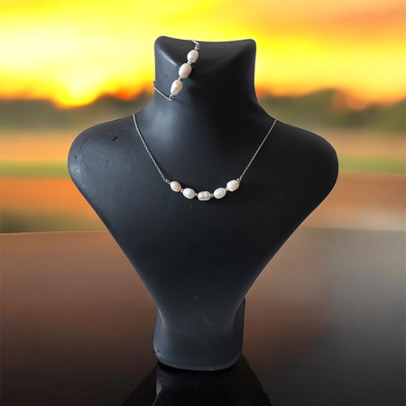 Doğal Inci Kolye Bileklik Set (GÜMÜŞ RENK PASLANMAZ ÇELİK ZİNCİR)