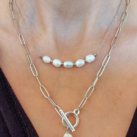 İkili doğal barok inci kolye, gümüş renk zincir