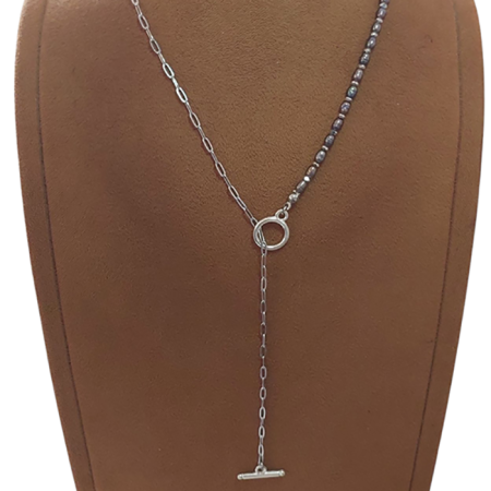 Doğal siyah inci kolye, gümüş renk paslanmaz çelik zincir ve O-T kapama kombinli