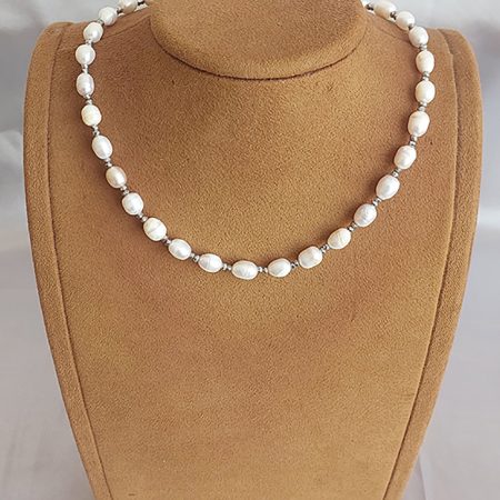 Doğal inci kolye, el yapımı, hematit detaylı, paslanmaz çelik malzemeler