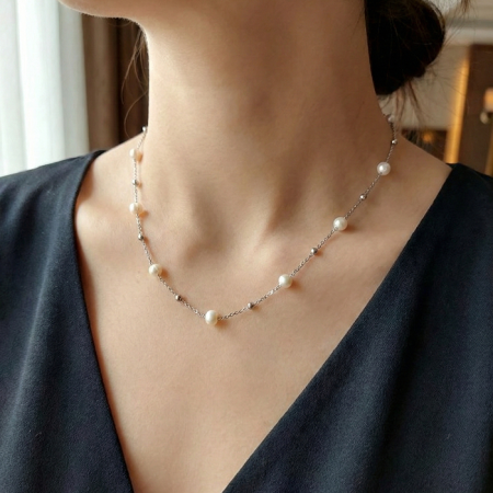 Gerçek Kültür İncisi Dorika Detaylı Gümüş Renk Çelik Kolye 40cm Kararmaz