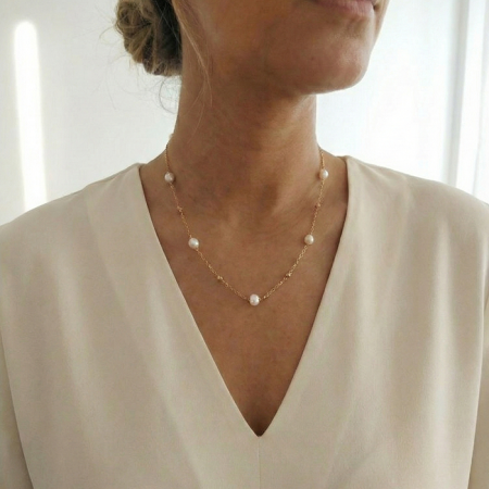 Gerçek Kültür İncisi Dorika Detaylı Gold Renk Çelik Kolye 40cm Kararmaz