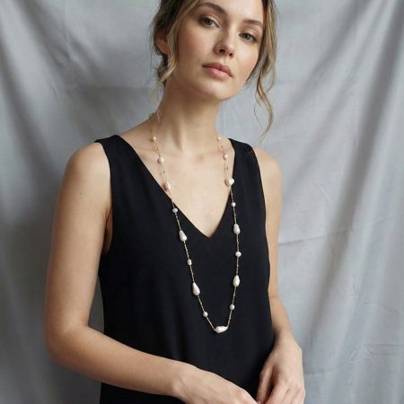 Gerçek Barok İncili Dorika Detaylı Paslanmaz Çelik Uzun Kolye, Altın renk