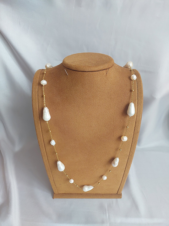 Gerçek Barok İncili Dorika Detaylı Paslanmaz Çelik Uzun Kolye, Altın renk - Görsel 2