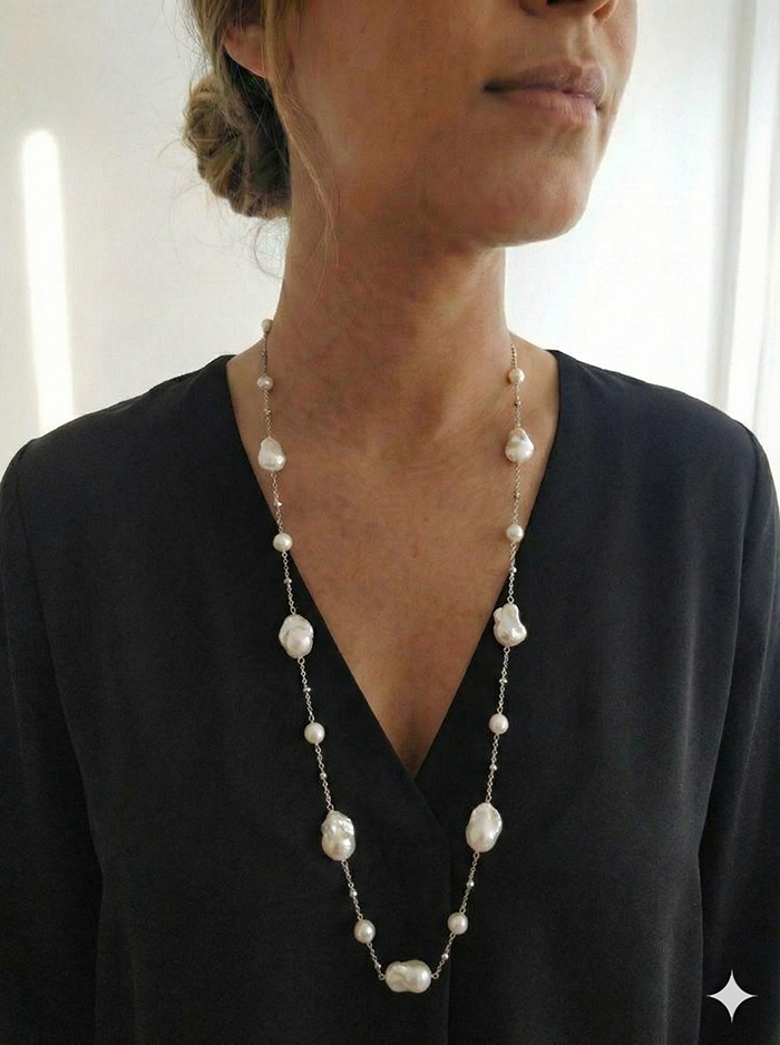 Gerçek Barok İncili Dorika Detaylı Paslanmaz Çelik Uzun Kolye, Gümüş Renk