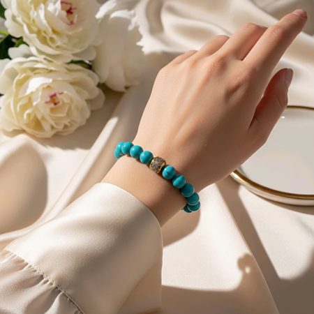 Orijinal Firuze (Turkuaz) Doğal Taş Bileklik - Zamak Üzeri Pirinç İşlemeli