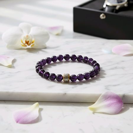 Orijinal Ametist Doğal Taş Bileklik - Zirkon Taşlı Pirinç İşlemeli
