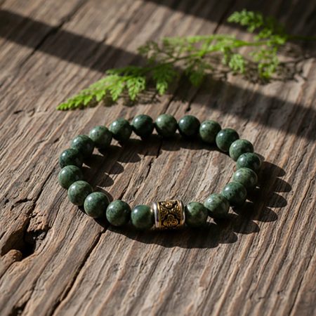 Orijinal Kanada Yeşimi (Jade) Doğal Taş Bileklik - Zamak Üzeri Pirinç İşlemeli