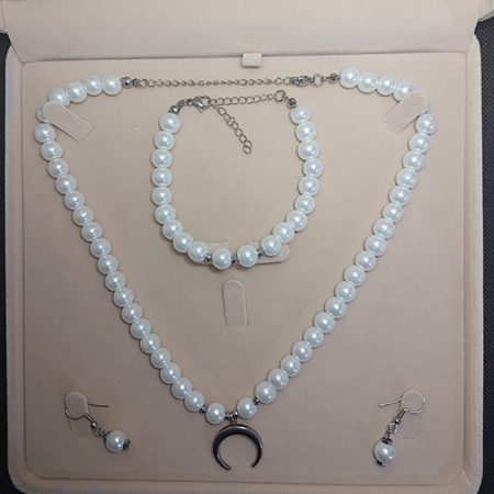 İnci Kolye Bileklik Küpe Set, Paslanmaz Çelik Hilal Uçlu Gümüş Rengi