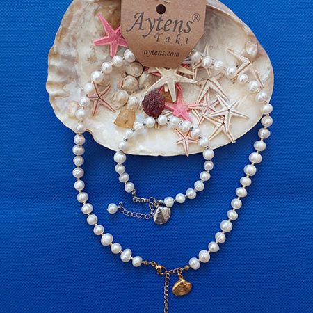 Doğal inci set, altın renk paslanmaz çelik istiridye detaylı, kolye bileklik ve küpe seti