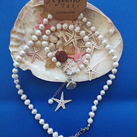 Doğal inci set, gümüş renk paslanmaz çelik istiridye detaylı, kolye bileklik ve küpe seti