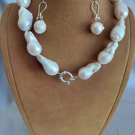 Doğal Barok İnci Set, Gümüş Gemici Kilitli Kolye & Küpe Seti