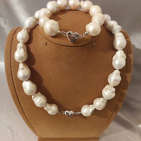 Doğal Barok İnci Set, Gümüş Kalpli Kolye & Bileklik Seti