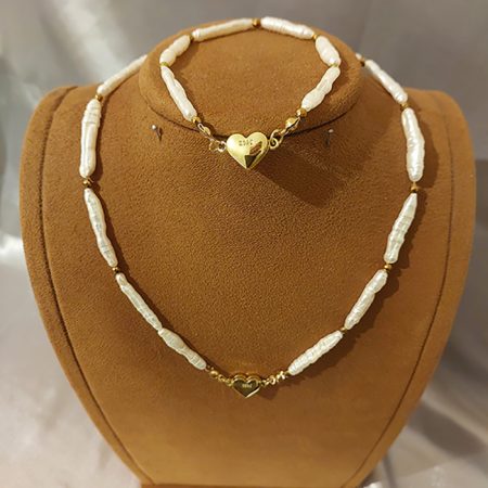 Doğal Çubuk Barok İnci, Altın Kaplama Gümüş Kalpli Kolye & Bileklik Seti