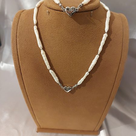 Doğal Çubuk Barok İnci, Gümüş Kalpli Kolye & Bileklik Seti