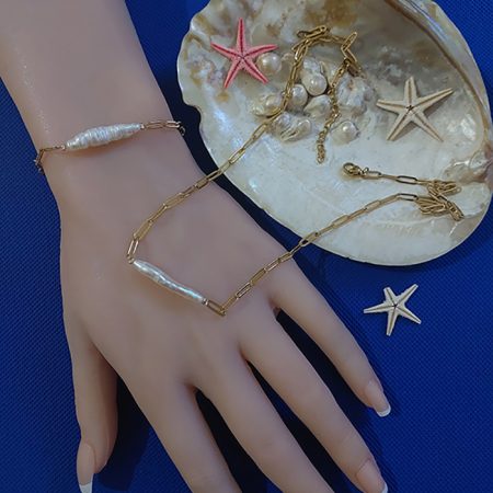 Modern Minimalist Altın Renk Paslanmaz Çelik İnci Detaylı Takı Seti