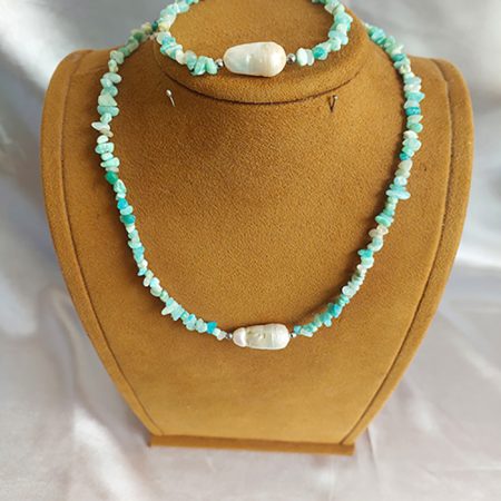 Doğal Amazonit Taşlı İri Barok İnci Kolye Bileklik Seti