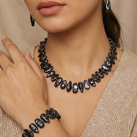 Barok İnci Antrasit Takı Seti - Kolye, Bileklik ve Küpe