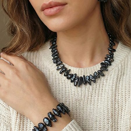 Barok Kültür İncisi Antrasit Takı Seti - Paslanmaz Çelik Detaylı