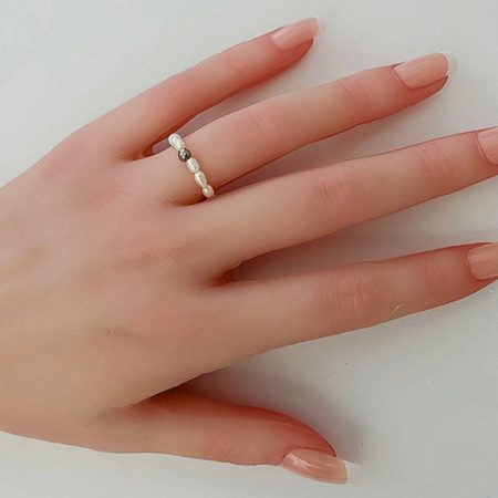 Doğal İnci Yüzük, Gümüş renk Hematit Küre Detaylı