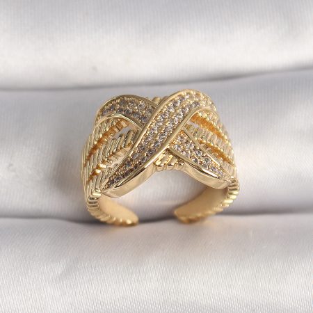 Pirinç Gold Renk Ayarlanabilir Zirkon Taşlı X Model Kadın Yüzük
