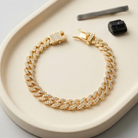 Gold Renk Zirkon Taşlı Cuban Zincir Model Klips Kapamalı Erkek Bileklik