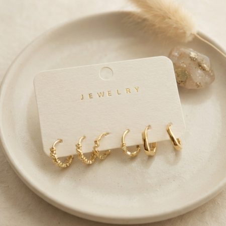 Pirinç Gold Renk Zirkon Taşlı Halka Model 6'lı Kadın Küpe Seti