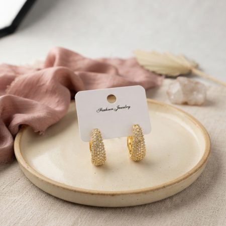 Gold Renk Zirkon Taşlı Damla Halka Model Kadın Küpe
